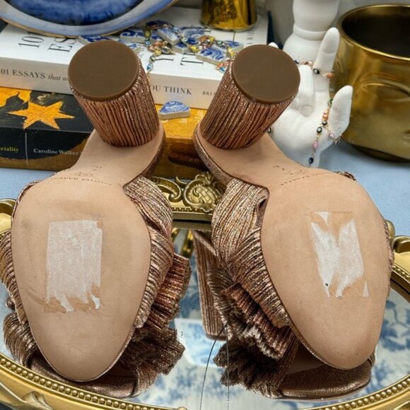 🆕 LOEFFLER RANDALL 🧿 NWOB Penny Metallic Rose Gold Pleated Bow Mule Heel, Sz 7 - Picture 13 of 14